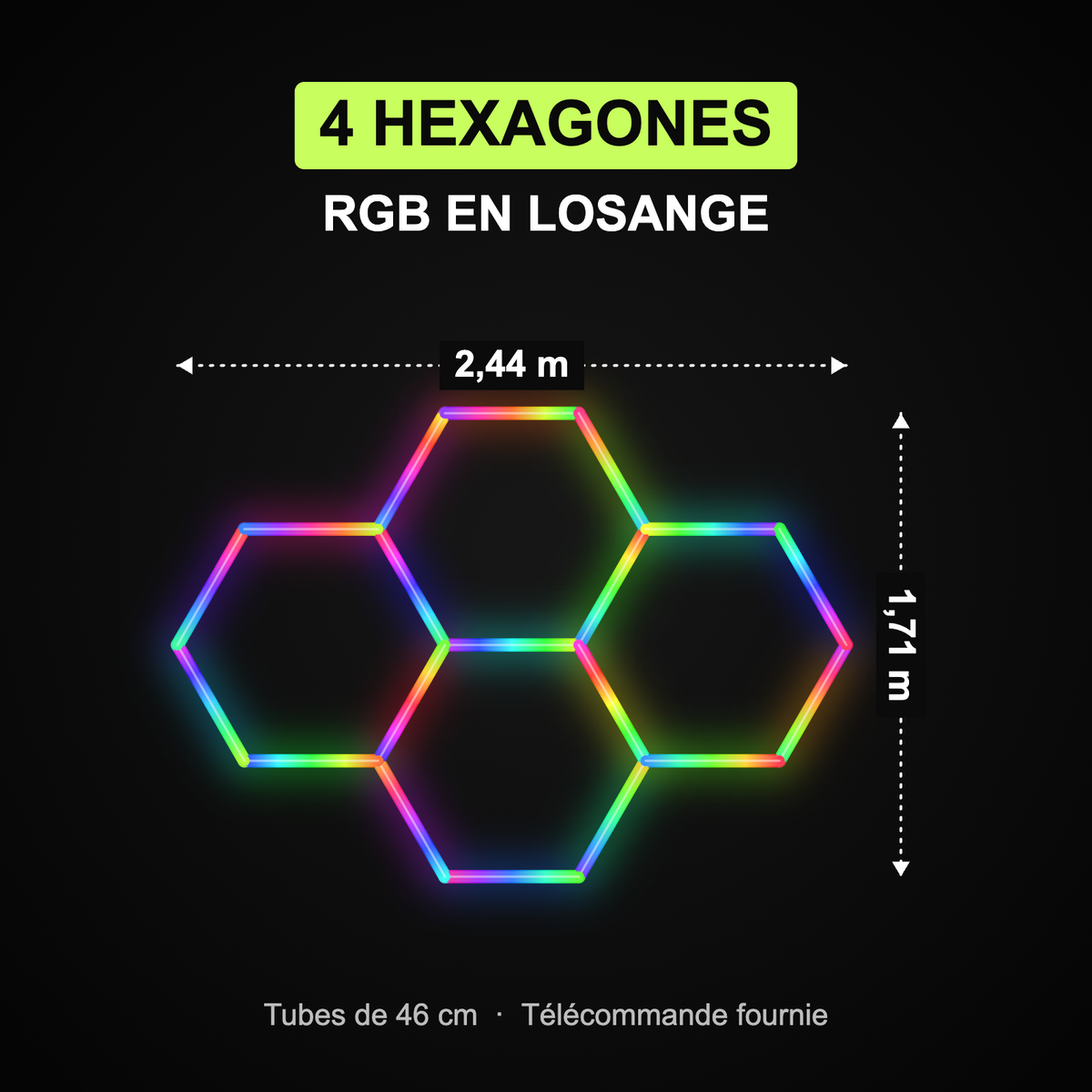 Dimensions du kit 4 hexagones RGB en losange : 2,44 x 1,71 m