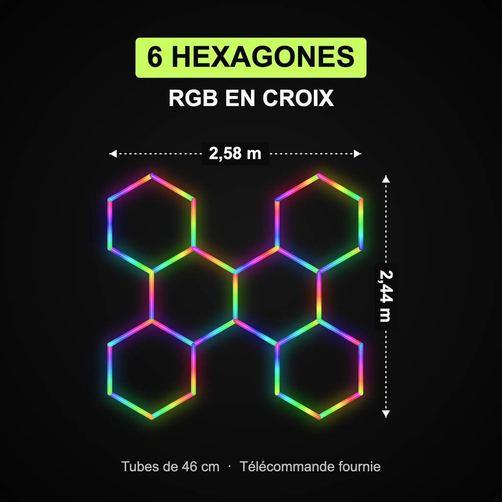 Dimensions du kit 6 hexagones RGB en croix : 2,58 x 2,44 m