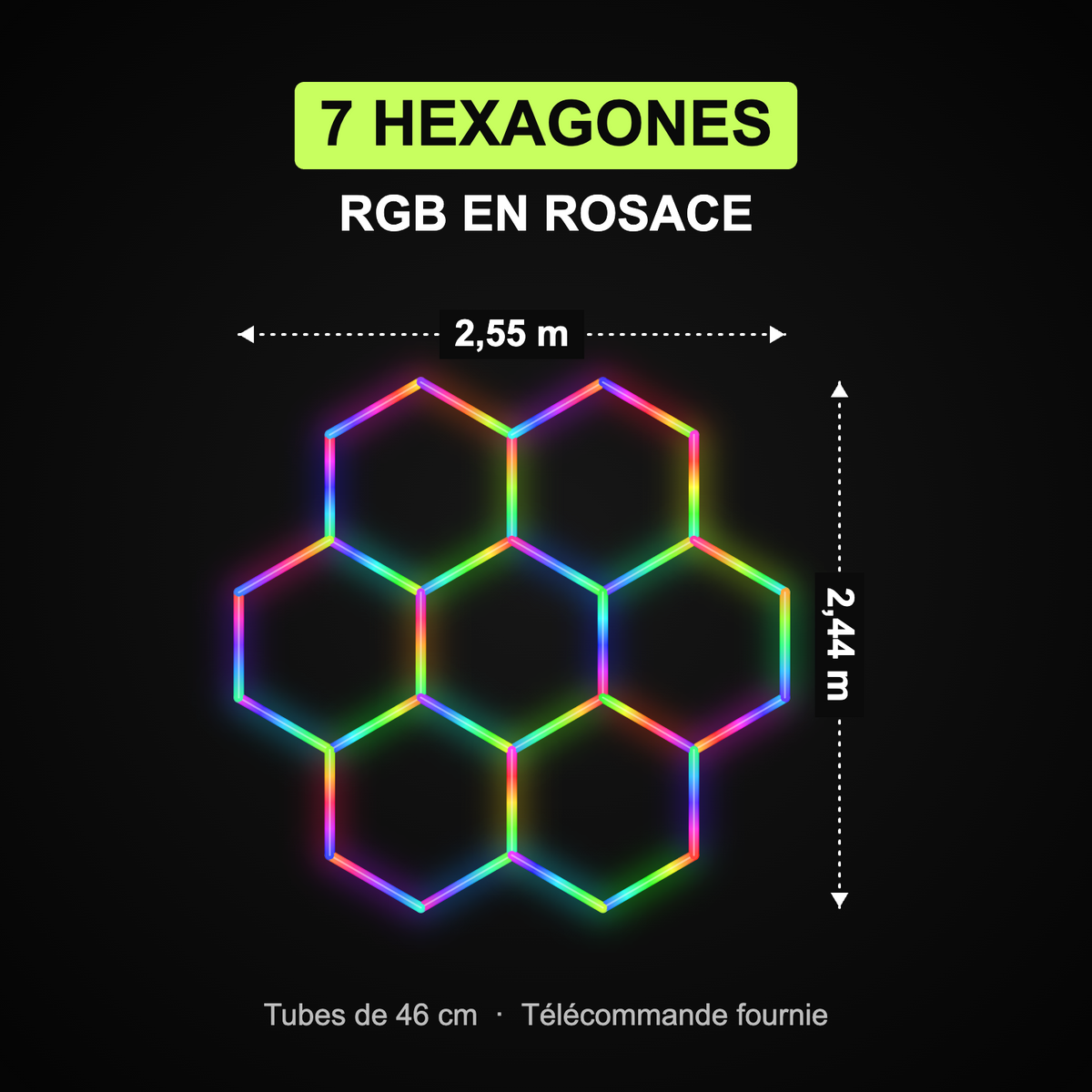 Dimensions du kit 7 hexagones RGB en rosace : 2,55 x 2,44 m